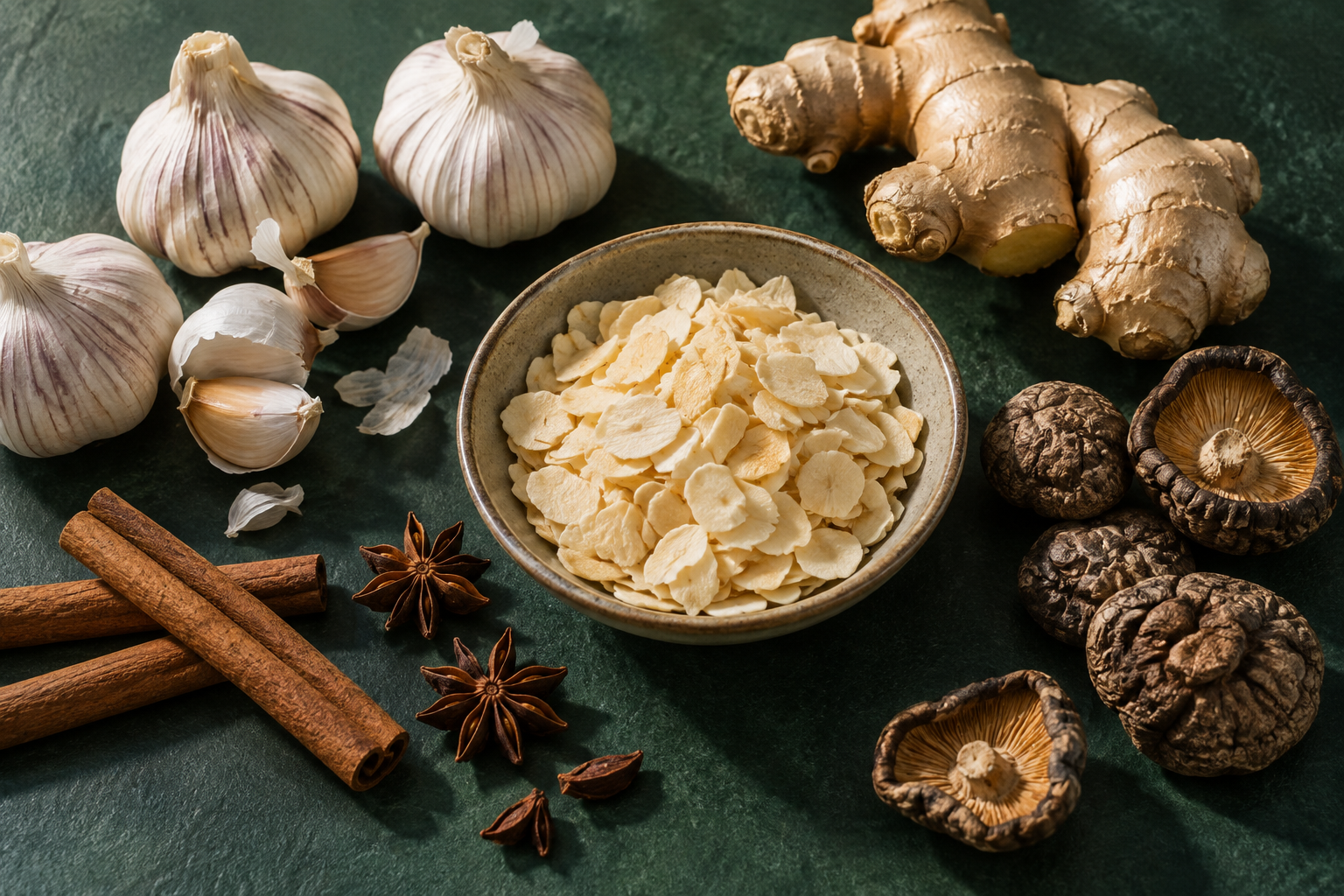 An editorial arrangement of garlic, ginger, spices and dried mushrooms