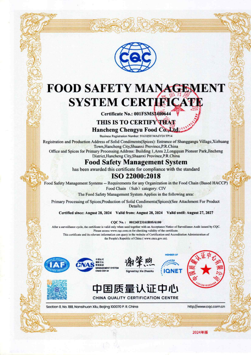 ISO 22000:2018 document for Hancheng Chengyu Food Co., Ltd., with original stamps or watermark